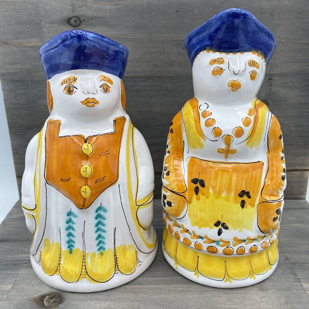 Vintage Pair of Figural Hand Painted Ceramic Milk & Cream Pitchers Made in Italy
